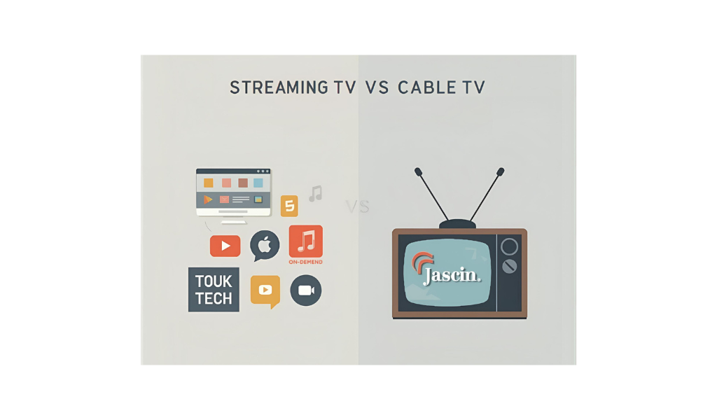 Comparison illustration of Streaming TV vs Cable TV in 2025. Shows streaming represented by app icons and on-demand media, and cable TV by classic TV set, antenna, and channel symbols in a clean, professional design.