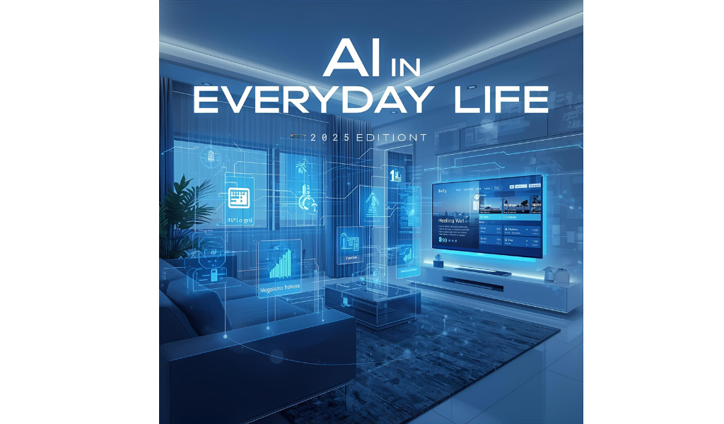 AI in everyday life 2025: modern home with smart assistant, AI security, smartwatch health dashboard, and entertainment recommendations