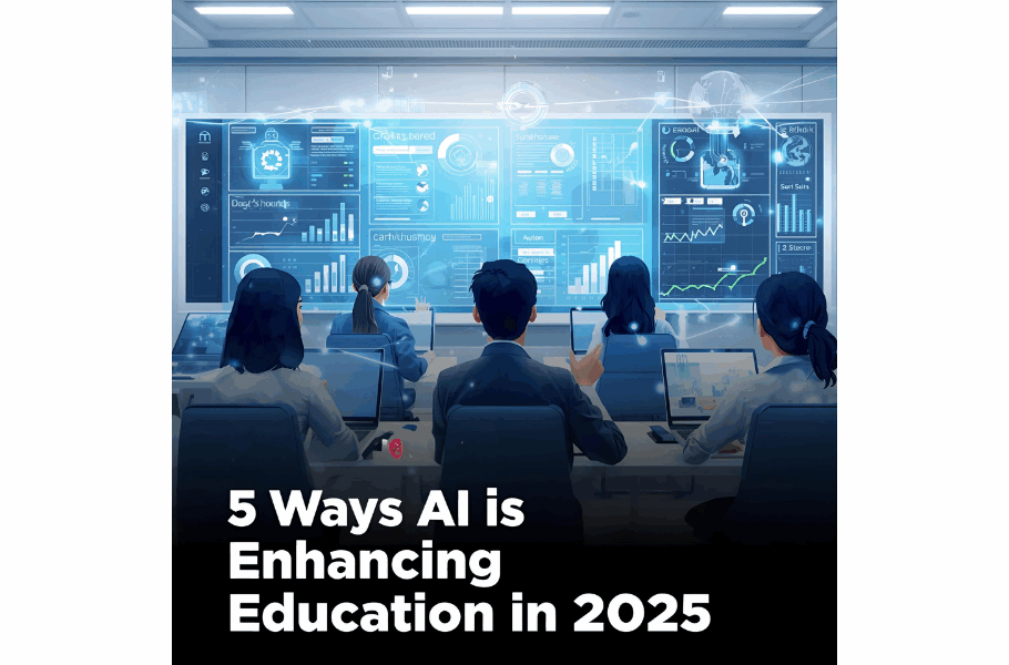 AI online education 2025: students using AI dashboards, virtual tutor, and interactive simulations