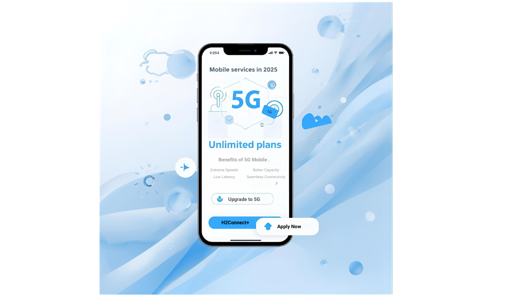 Illustration of 5G mobile technology in 2025. Shows smartphones, tablets, and wireless signals in a modern city, representing speed and unlimited connectivity.
