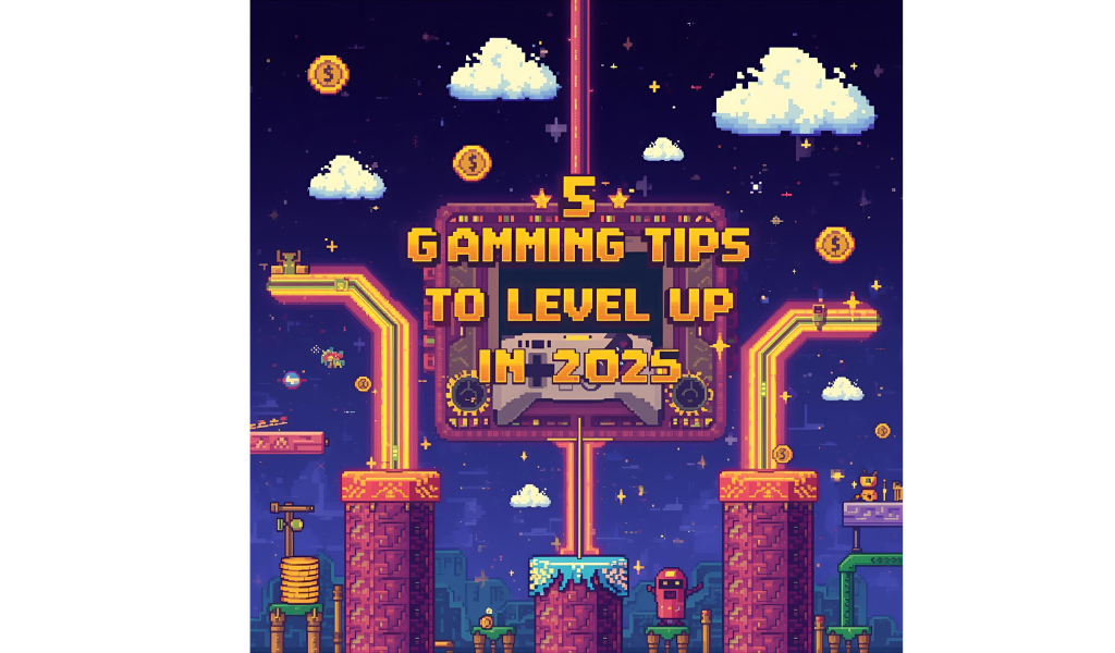 Retro 16-bit pixel art platformer with floating coins, power-ups, energy streams, and a pixelated game controller representing fast internet and cloud gaming.