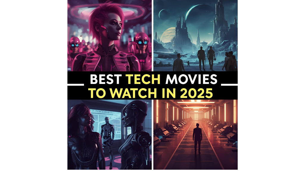 Futuristic reimagining of classic sci-fi movies with AI characters, neon environments, and modern CGI effects, representing best tech movies 2025.