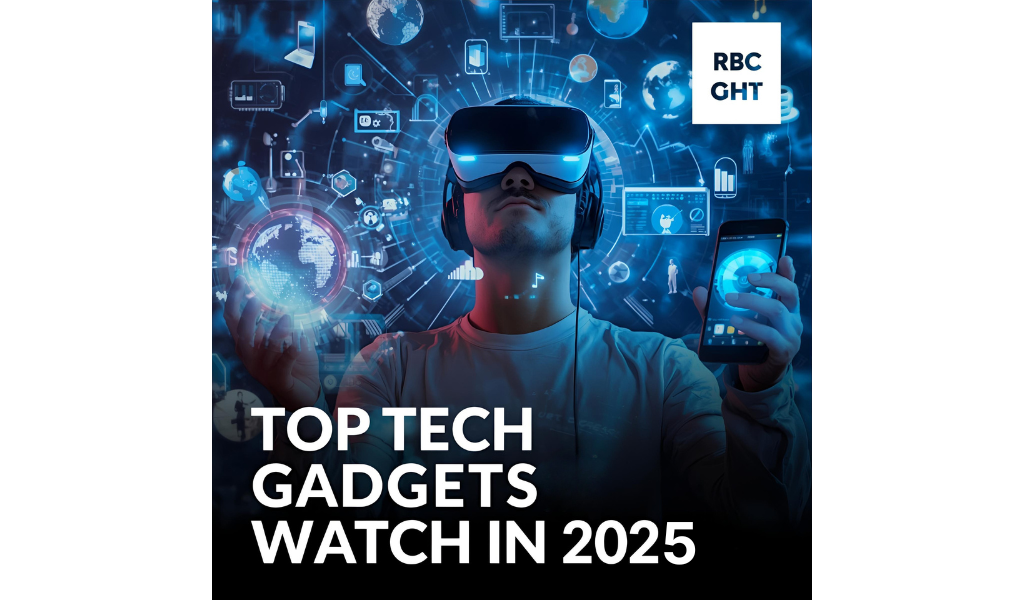 Top Tech Gadgets to Watch in 2025 with VR headset, smart speaker, and smartphone in a futuristic setting