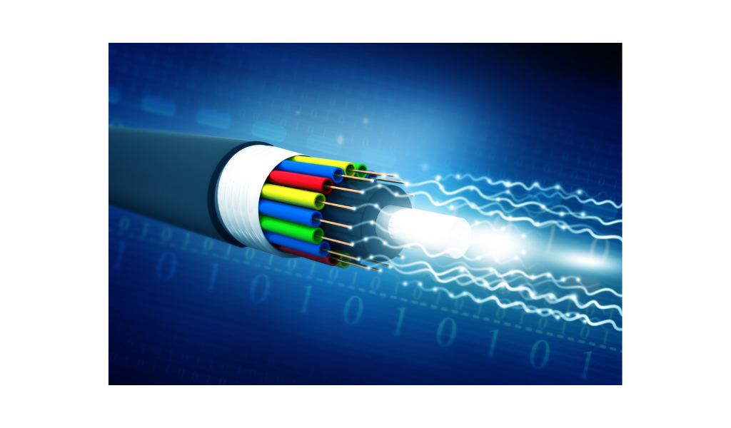 Futuristic illustration of fiber optic internet in 2025, showing glowing light beams and fast data streams connecting homes and offices.