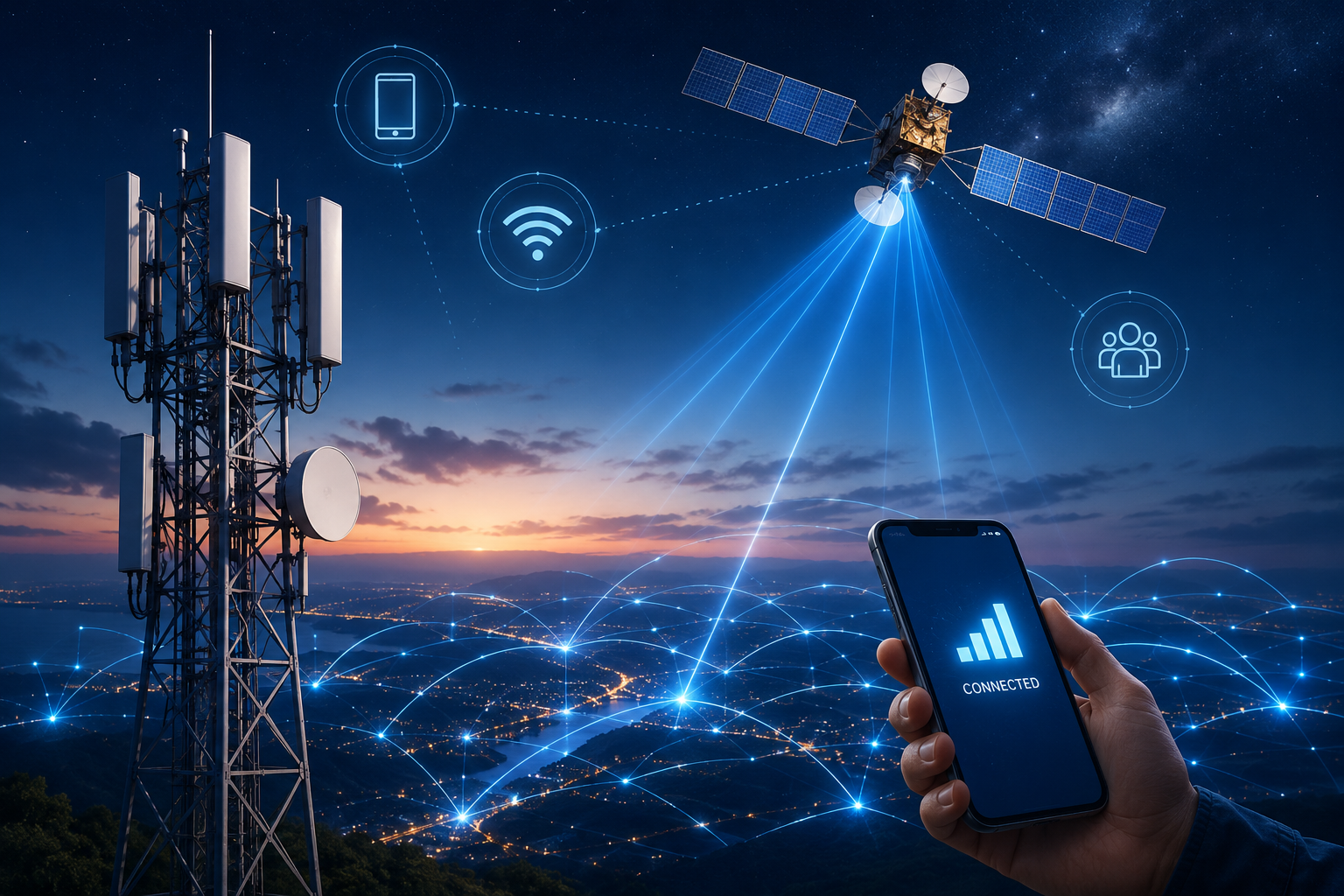 Satellite-powered mobile connectivity illustration